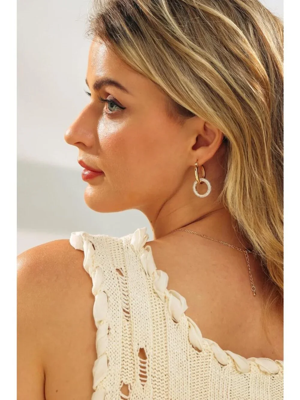 Chunky Double Hoop Drop Earrings | Removable Pave Crystal Interlocking Loops